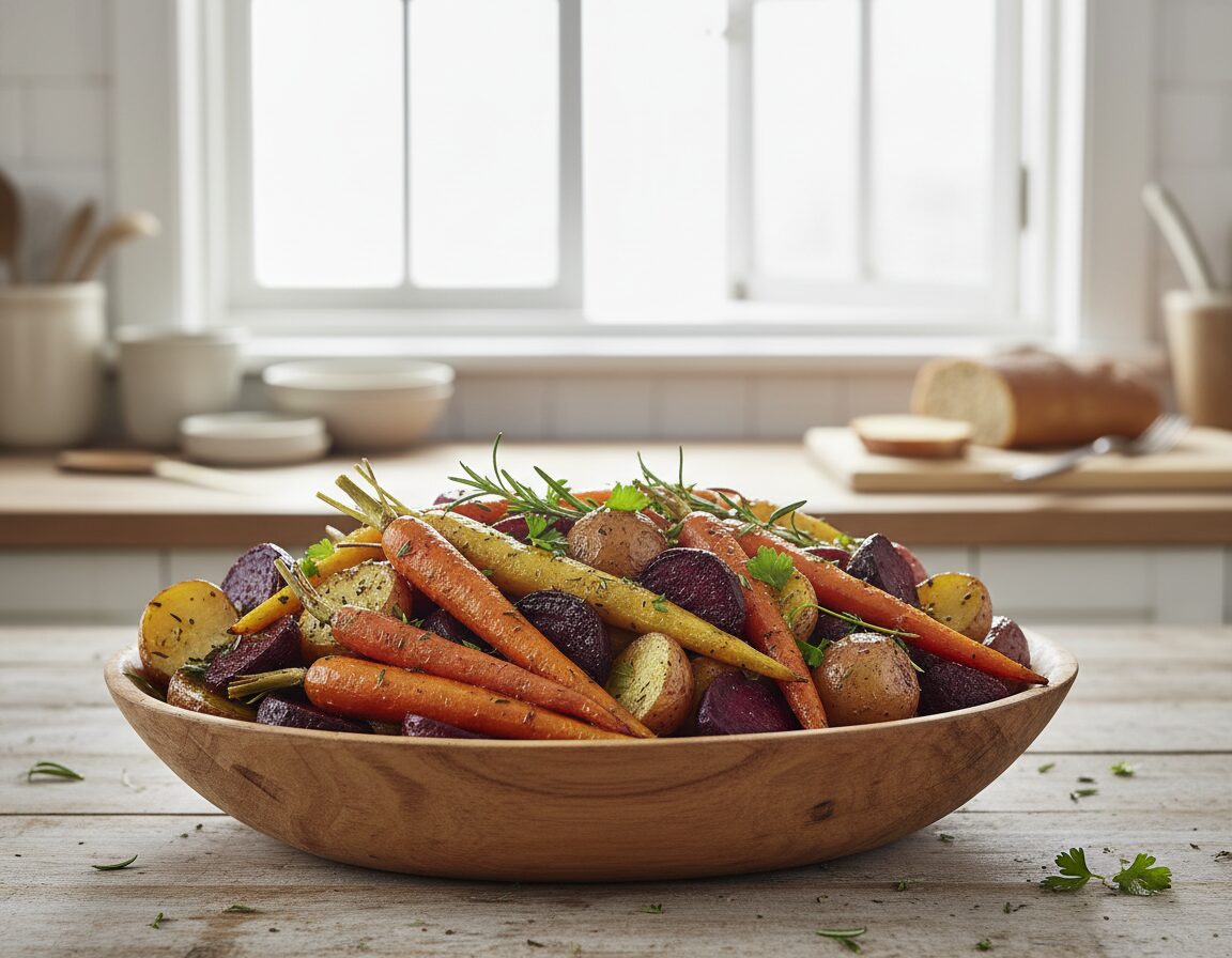 A beautifully arranged platter of roasted root vegetables, featuring vibrant orange carrots, earthy purple beets, golden parsnips, and rustic potatoes, all glistening with a light drizzle of olive oil and sprinkled with fresh herbs. The vegetables are caramelized to perfection, giving them a warm, inviting hue. The foreground highlights the vegetables in a natural wooden bowl set on a rustic table, with a soft-focus effect capturing the texture and juiciness of each piece. In the background, warm natural light pours in through an open window, casting gentle shadows and enhancing the cozy atmosphere of a homey kitchen setting. The composition conveys a sense of comfort and nourishment, inviting viewers to savor the essence of hearty, wholesome cooking.