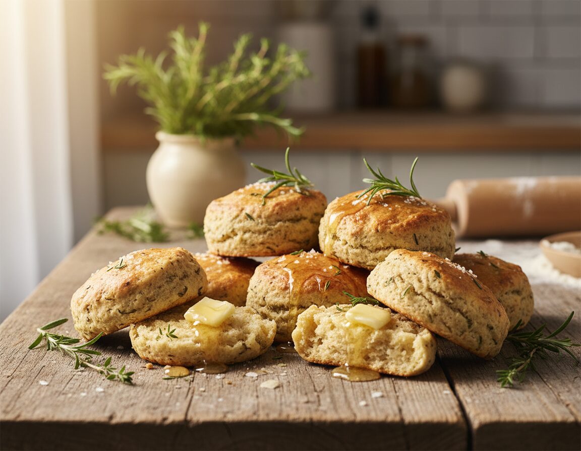 A close-up image of freshly baked savoury scones arranged on a rustic wooden table. The scones, golden brown and flaky, are dotted with herbs like rosemary and sprinkled with coarse sea salt. In the foreground, a few scones are broken open, revealing a soft, fluffy interior, with melted butter oozing out. The middle of the composition features a light drizzle of honey, enhancing the inviting look. In the background, there are hints of a cozy kitchen setting, with softly blurred elements like fresh herbs and a vintage rolling pin. Natural light streams in from a nearby window, casting a warm glow and creating a comfortable atmosphere. The overall mood is inviting, perfect for a homey baking experience. A close-up image of freshly baked savoury scones arranged on a rustic wooden table. The scones, golden brown and flaky, are dotted with herbs like rosemary and sprinkled with coarse sea salt. In the foreground, a few scones are broken open, revealing a soft, fluffy interior, with melted butter oozing out. The middle of the composition features a light drizzle of honey, enhancing the inviting look. In the background, there are hints of a cozy kitchen setting, with softly blurred elements like fresh herbs and a vintage rolling pin. Natural light streams in from a nearby window, casting a warm glow and creating a comfortable atmosphere. The overall mood is inviting, perfect for a homey baking experience.