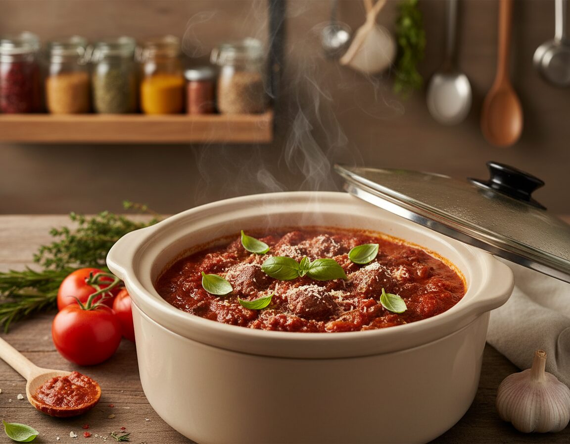 A close-up of a slow cooker filled with rich beef bolognese, showcasing tender chunks of beef simmering in a vibrant red sauce, garnished with fresh basil and a sprinkle of grated Parmesan. The slow cooker is placed on a rustic wooden kitchen table, surrounded by ingredients like fresh tomatoes, garlic, and herbs. Soft, warm lighting creates a cozy atmosphere, with a slightly blurred background featuring a shelf lined with spices and cooking utensils. A hint of steam rises from the slow cooker, inviting and comforting, highlighting the dish's hearty nature. The overall mood is relaxing and homely, ideal for a comforting meal that brings people together.