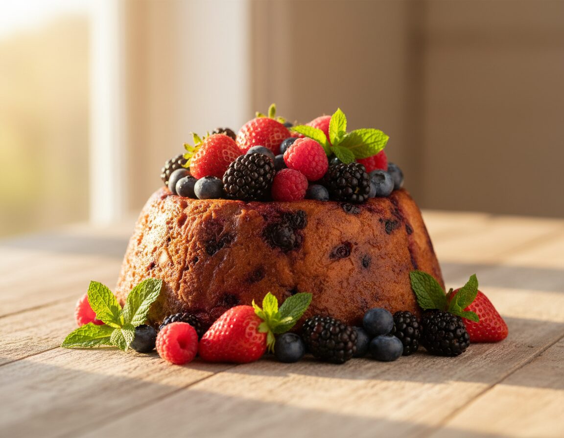 A close-up of a vibrant summer pudding beautifully arranged with an assortment of fresh seasonal berries, including ripe strawberries, blueberries, raspberries, and blackberries. The berries glisten with a light dew, showcasing their vivid red, blue, and purple hues. Surrounding the pudding, a scattering of mint leaves adds a touch of green, enhancing the freshness of the scene. The background features a soft, blurred wooden table, evoking a rustic kitchen atmosphere, bathed in warm, natural sunlight filtering through a nearby window. The overall mood is cozy and inviting, perfect for a summery dessert setting, with a shallow depth of field to emphasize the luscious berries while keeping the focus softly on the pudding. A close-up of a vibrant summer pudding beautifully arranged with an assortment of fresh seasonal berries, including ripe strawberries, blueberries, raspberries, and blackberries. The berries glisten with a light dew, showcasing their vivid red, blue, and purple hues. Surrounding the pudding, a scattering of mint leaves adds a touch of green, enhancing the freshness of the scene. The background features a soft, blurred wooden table, evoking a rustic kitchen atmosphere, bathed in warm, natural sunlight filtering through a nearby window. The overall mood is cozy and inviting, perfect for a summery dessert setting, with a shallow depth of field to emphasize the luscious berries while keeping the focus softly on the pudding.