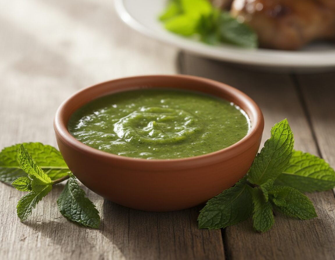 A close-up, realistic image of a small, rustic bowl filled with vibrant green mint sauce, showcasing its smooth, glossy texture. Surround the bowl with fresh mint leaves, highlighting their deep green color and serrated edges. The setting features a wooden table with a cozy, homey feel, conveying warmth and tradition. Soft, natural lighting streams in from the left, casting gentle shadows and enhancing the lush colors of the mint and sauce. In the background, slightly blurred, there are hints of traditional British dining elements, such as a white china plate and a hint of lamb meat, emphasizing the sauce's culinary purpose without being the focal point. The atmosphere is inviting and nostalgic, perfect for illustrating the classic British sauce. A close-up, realistic image of a small, rustic bowl filled with vibrant green mint sauce, showcasing its smooth, glossy texture. Surround the bowl with fresh mint leaves, highlighting their deep green color and serrated edges. The setting features a wooden table with a cozy, homey feel, conveying warmth and tradition. Soft, natural lighting streams in from the left, casting gentle shadows and enhancing the lush colors of the mint and sauce. In the background, slightly blurred, there are hints of traditional British dining elements, such as a white china plate and a hint of lamb meat, emphasizing the sauce's culinary purpose without being the focal point. The atmosphere is inviting and nostalgic, perfect for illustrating the classic British sauce.