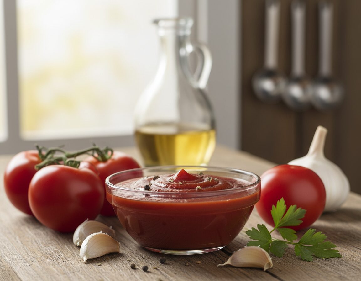 A close-up view of a rich, homemade ketchup sauce in a small glass bowl, its vibrant red color glistening under soft, natural sunlight. The sauce is smooth and thick, with tiny speckles of spices visible, hinting at its unique flavor. Surrounding the bowl are fresh ingredients like ripe tomatoes, garlic cloves, and a sprig of parsley, artfully arranged on a rustic wooden countertop. In the background, blurred but cozy kitchen elements like a bottle of vinegar and a set of measuring spoons suggest a warm, inviting atmosphere. The lighting is soft and diffused, creating an intimate and candid mood that emphasizes the homemade quality of the ketchup. A close-up view of a rich, homemade ketchup sauce in a small glass bowl, its vibrant red color glistening under soft, natural sunlight. The sauce is smooth and thick, with tiny speckles of spices visible, hinting at its unique flavor. Surrounding the bowl are fresh ingredients like ripe tomatoes, garlic cloves, and a sprig of parsley, artfully arranged on a rustic wooden countertop. In the background, blurred but cozy kitchen elements like a bottle of vinegar and a set of measuring spoons suggest a warm, inviting atmosphere. The lighting is soft and diffused, creating an intimate and candid mood that emphasizes the homemade quality of the ketchup.