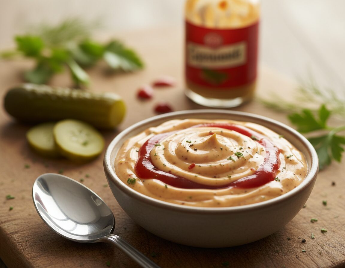 A close-up view of a small bowl filled with creamy special sauce, rich in texture and a glossy sheen, accompanied by a spoon resting beside it. The sauce features a blend of vibrant colors, hinting at ingredients like mayonnaise, ketchup, mustard, and spices, suggesting a tangy and savory flavor profile. In the background, softly blurred ingredients like fresh herbs, sliced pickles, and a bottle of hot sauce provide context without distraction. The lighting is warm and inviting, casting gentle shadows that enhance the texture of the sauce, while creating a cozy atmosphere ideal for a home kitchen scene. Shot with a standard lens at eye level, to draw the viewer into the delicious experience of homemade condiments. A close-up view of a small bowl filled with creamy special sauce, rich in texture and a glossy sheen, accompanied by a spoon resting beside it. The sauce features a blend of vibrant colors, hinting at ingredients like mayonnaise, ketchup, mustard, and spices, suggesting a tangy and savory flavor profile. In the background, softly blurred ingredients like fresh herbs, sliced pickles, and a bottle of hot sauce provide context without distraction. The lighting is warm and inviting, casting gentle shadows that enhance the texture of the sauce, while creating a cozy atmosphere ideal for a home kitchen scene. Shot with a standard lens at eye level, to draw the viewer into the delicious experience of homemade condiments.
