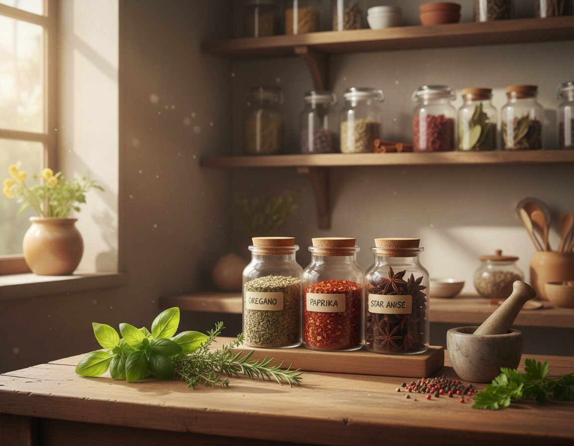 A cozy kitchen scene showcasing a variety of fresh herbs on a wooden countertop. In the foreground, a small selection of vibrant green basil, rosemary, thyme, and parsley, their leaves glistening with dew. In the middle ground, there are glass jars filled with dried herbs and spices, organized neatly, with labels peeking out, casting soft shadows. The background features a rustic wooden shelf displaying more herbs, with natural sunlight filtering through a nearby window, creating a warm, inviting atmosphere. The overall color palette is earthy and natural, emphasizing the freshness and diversity of the herbs, inviting the viewer to explore the world of home spice blends. Capture this authentic, candid moment without any text or people. A cozy kitchen scene showcasing a variety of fresh herbs on a wooden countertop. In the foreground, a small selection of vibrant green basil, rosemary, thyme, and parsley, their leaves glistening with dew. In the middle ground, there are glass jars filled with dried herbs and spices, organized neatly, with labels peeking out, casting soft shadows. The background features a rustic wooden shelf displaying more herbs, with natural sunlight filtering through a nearby window, creating a warm, inviting atmosphere. The overall color palette is earthy and natural, emphasizing the freshness and diversity of the herbs, inviting the viewer to explore the world of home spice blends. Capture this authentic, candid moment without any text or people.