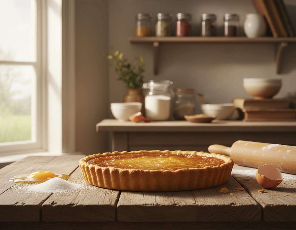 A delicious, freshly baked treacle tart sits on a rustic wooden table, the golden-brown shortcrust base perfectly flaking at the edges. The tart is filled with a glossy, amber treacle mixture, glistening softly under warm, natural light that streams in from a nearby window, creating a cozy, inviting atmosphere. Surrounding the tart are scattered ingredients—sugar, a cracked egg, and a rolling pin, hinting at the baking process. In the background, a softly blurred kitchen setting enhances the homey feel, with wooden shelves lined with jars and spices. The image captures a realistic, candid moment of British comfort dessert, evoking warmth and nostalgia, with natural colours that emphasize the tart's rich textures and flavors. A delicious, freshly baked treacle tart sits on a rustic wooden table, the golden-brown shortcrust base perfectly flaking at the edges. The tart is filled with a glossy, amber treacle mixture, glistening softly under warm, natural light that streams in from a nearby window, creating a cozy, inviting atmosphere. Surrounding the tart are scattered ingredients—sugar, a cracked egg, and a rolling pin, hinting at the baking process. In the background, a softly blurred kitchen setting enhances the homey feel, with wooden shelves lined with jars and spices. The image captures a realistic, candid moment of British comfort dessert, evoking warmth and nostalgia, with natural colours that emphasize the tart's rich textures and flavors.