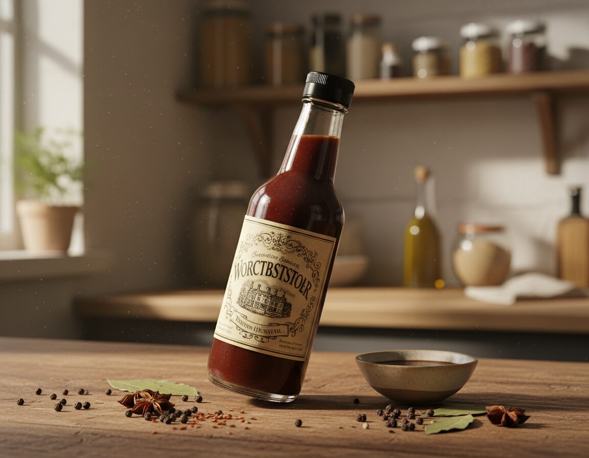 A glass bottle of Worcestershire sauce, with its rich, dark amber color glistening under soft, warm kitchen lighting. The bottle is slightly tilted on a rustic wooden countertop, surrounded by scattered spices and a small dish of soy sauce for contrast. In the background, a cozy kitchen setting is softly blurred, highlighting shelves filled with assorted herbs and condiments, evoking a sense of warmth and nostalgia. The scene captures an inviting atmosphere with natural light filtering through a nearby window, creating gentle shadows. The focus is sharp on the bottle, emphasizing its label with vintage charm, while the background remains out of focus to draw attention to the product as the "quiet hero" in culinary adventures. A glass bottle of Worcestershire sauce, with its rich, dark amber color glistening under soft, warm kitchen lighting. The bottle is slightly tilted on a rustic wooden countertop, surrounded by scattered spices and a small dish of soy sauce for contrast. In the background, a cozy kitchen setting is softly blurred, highlighting shelves filled with assorted herbs and condiments, evoking a sense of warmth and nostalgia. The scene captures an inviting atmosphere with natural light filtering through a nearby window, creating gentle shadows. The focus is sharp on the bottle, emphasizing its label with vintage charm, while the background remains out of focus to draw attention to the product as the "quiet hero" in culinary adventures.