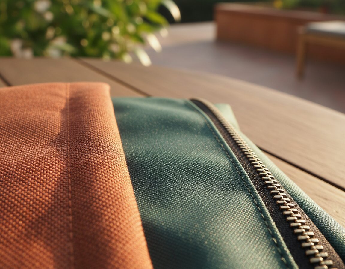 A close-up view of high-quality travel backpack materials on a wooden table, showcasing three sections: a vibrant denier fabric with visible texture, a durable DWR (Durable Water Repellent) coating glistening under soft afternoon light, and a sturdy zipper with intricate teeth design reflecting craftsmanship. The background features blurred natural elements, like a lush green plant and a soft-focus outdoor scene, creating a warm, inviting atmosphere. The lighting should be soft and natural, with a warm color palette to evoke a cozy mood. Focus on capturing the details of the materials, emphasizing their quality and functionality without any human presence.