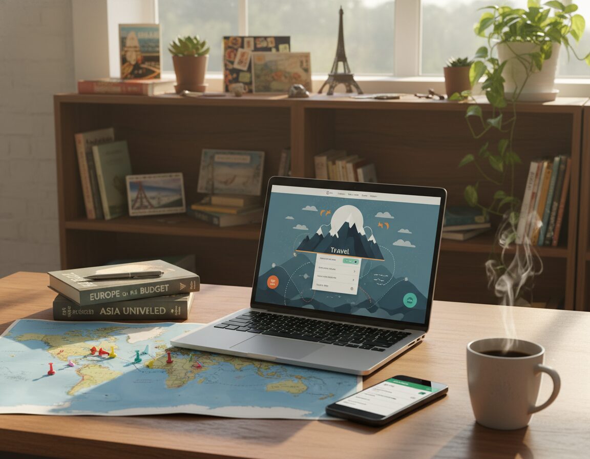 A cozy and candid workspace featuring a laptop open to a travel app, surrounded by travel guides, a world map spread across a stylish wooden table, and a smartphone displaying flight options and hotel bookings. In the foreground, soft natural light filters in through a nearby window, illuminating a steaming cup of coffee beside the laptop, creating a warm and inviting atmosphere. In the background, shelves filled with travel memorabilia and plants add to the relaxed vibe of planning a trip. The scene conveys a sense of excitement and ease associated with organizing travel, with realistic colors and no people posing in the image, ensuring a focus on the resources utilized in travel planning.