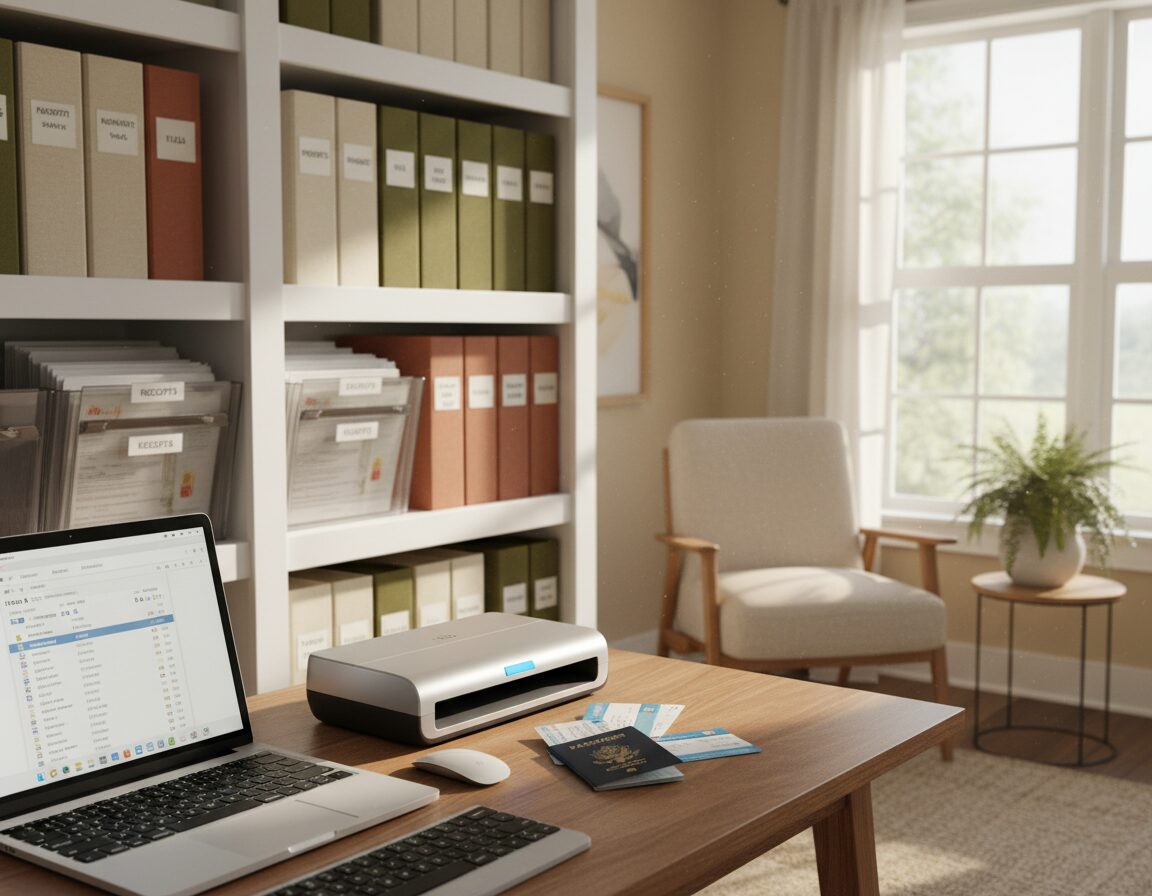 A cozy home office scene showcasing an organized workspace dedicated to sorting digital and physical document copies. In the foreground, a wooden desk is adorned with neatly stacked travel documents, a laptop displaying a folder of scanned files, and a modern scanner. The middle ground features a bookshelf filled with binders and labeled folders, emphasizing the importance of organization. The background shows a soft-lit room with a window allowing gentle natural light to filter in, casting a warm glow over the space. The overall atmosphere is inviting and focused, capturing the essence of efficient document management for travel preparations. The color palette is composed of natural hues, creating a serene and conducive workspace.