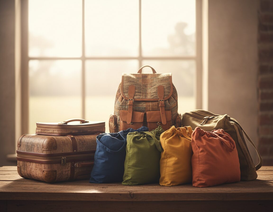 A cozy, inviting scene featuring a variety of ethically sourced luggage and reusable bags, arranged thoughtfully on a rustic wooden table. In the foreground, a stylish, eco-friendly suitcase made from recycled materials, alongside a set of colorful, durable reusable bags crafted from organic cotton. The midground showcases a neatly packed travel backpack with natural textures and earthy tones. In the background, soft, natural lighting filters through a window, casting gentle shadows and creating a warm, welcoming atmosphere. The composition emphasizes sustainability and mindful travel choices, with a focus on the craftsmanship and aesthetic appeal of each item, evoking a sense of adventure and responsibility in eco-friendly packing.