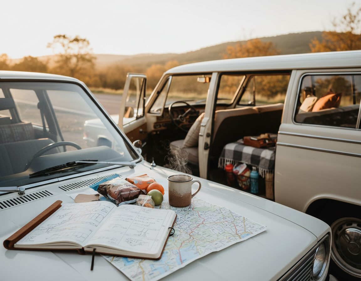 A cozy, inviting scene of a car parked at a picturesque roadside rest area during golden hour, the warm sunlight casting a serene glow. In the foreground, an open notebook on the car's hood, filled with handwritten driving plans and a well-used road map, alongside a fresh cup of coffee steaming gently. In the middle, the car's interior visible through the open door, revealing a comfortably arranged space with snacks and water bottles. In the background, softly blurred trees and rolling hills, creating a restful and peaceful atmosphere, reflecting the stress-free vibe of planning for long trips. The overall mood is calm and organized, evoking a sense of thoughtful travel preparation. A cozy, inviting scene of a car parked at a picturesque roadside rest area during golden hour, the warm sunlight casting a serene glow. In the foreground, an open notebook on the car's hood, filled with handwritten driving plans and a well-used road map, alongside a fresh cup of coffee steaming gently. In the middle, the car's interior visible through the open door, revealing a comfortably arranged space with snacks and water bottles. In the background, softly blurred trees and rolling hills, creating a restful and peaceful atmosphere, reflecting the stress-free vibe of planning for long trips. The overall mood is calm and organized, evoking a sense of thoughtful travel preparation.