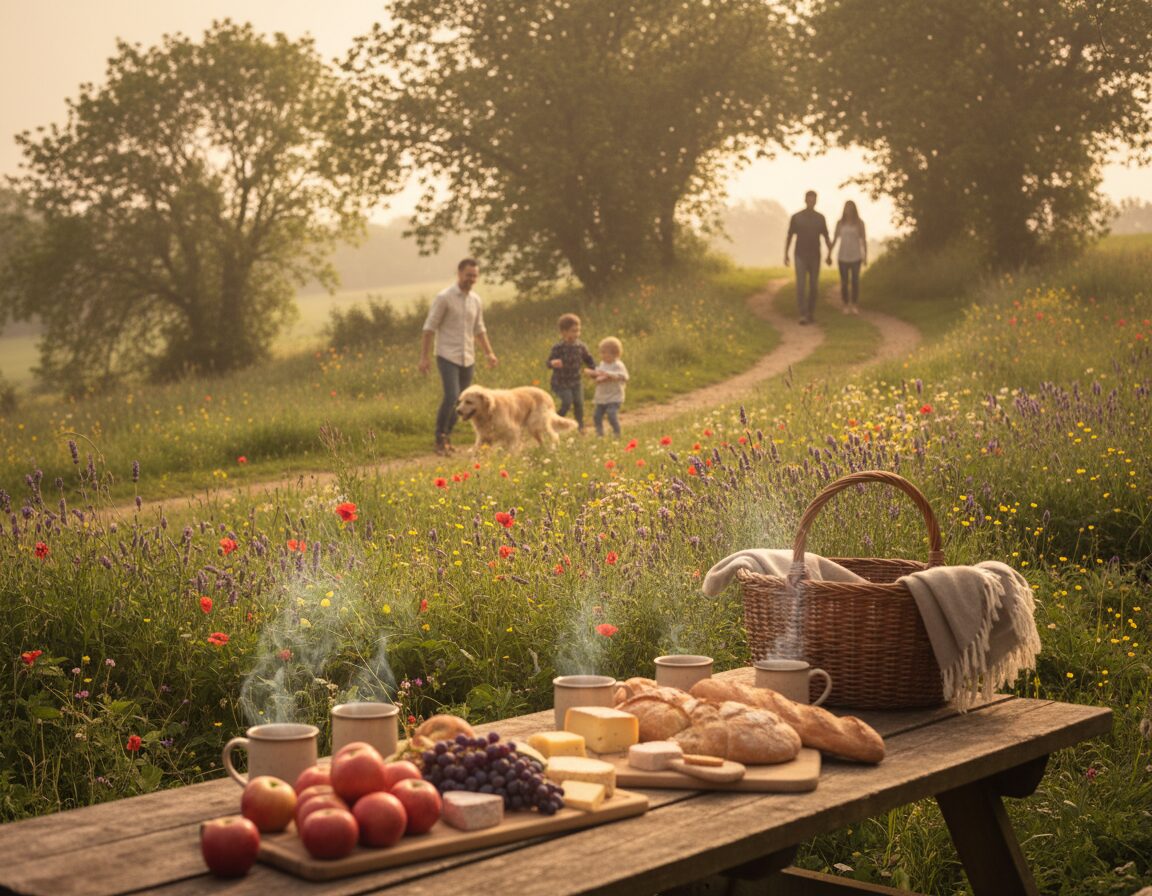A cozy rural holiday scene illustrating quality time for families and couples. In the foreground, a rustic wooden picnic table adorned with a vibrant spread of local produce and steaming mugs, inviting warmth and togetherness. The middle ground features a gently sloping garden with lush greenery, dotted with wildflowers, and a family playing with a dog. A couple can be seen in the background walking hand-in-hand along a tranquil path lined with trees, bathed in soft, golden afternoon light. The atmosphere is relaxed and inviting, capturing a candid moment of blissful togetherness in a rural UK setting. Natural colors dominate, conveying warmth and serenity, shot at eye level with a subtle depth of field to enhance intimacy.