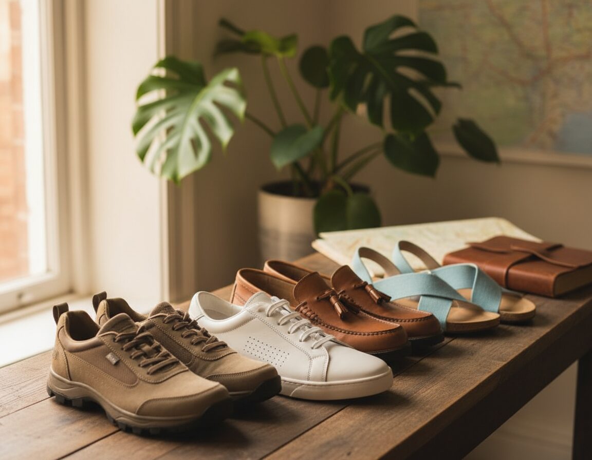 A cozy, well-lit scene featuring a variety of versatile travel footwear options displayed on a wooden table. In the foreground, a stylish pair of comfortable walking shoes in earthy tones and a sleek, minimalist sneaker with a modern design. In the middle ground, classic loafers made of quality leather and breathable sandals, arranged thoughtfully to highlight their features. The background subtly includes blurred hints of natural surroundings, like a vibrant plant or travel accessories, contributing to a relaxed and inviting atmosphere. Soft, diffused lighting enhances the natural colors and textures of the shoes, with a focus on realism, creating an inviting mood without any human subjects.