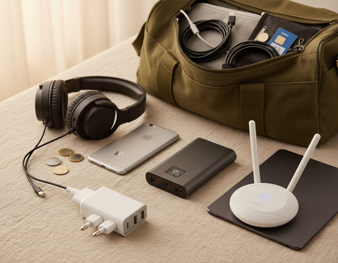 A neatly arranged flat lay of essential travel gadgets and electronics for UK connectivity. In the foreground, include a compact universal travel adapter, a portable power bank with visible charging ports, and a lightweight portable Wi-Fi hotspot. In the middle, show a sleek smartphone and a tablet, alongside a pair of noise-canceling headphones. The background features a textured fabric in soft, natural colors, perhaps a travel bag partially opened to reveal additional tech items like charging cables and a travel SIM card. The lighting is warm and inviting, creating a cosy atmosphere that highlights the devices' modern designs. Capture the scene from a slightly elevated angle to showcase all elements harmoniously.