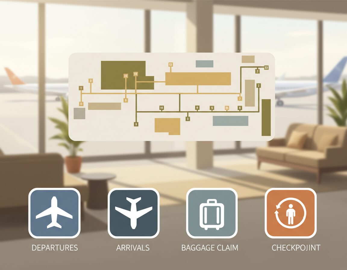 A realistic and candid illustration of international airport navigation symbols prominently displayed. In the foreground, a set of clear, easily recognizable symbols such as departure and arrival signs, baggage claim icons, and security checkpoints, rendered in a modern design. The middle area features an abstract representation of an airport layout, showcasing terminals, gates, and pathways in a simplistic style. The background subtly merges into a serene airport setting, with soft lighting that mimics the calm atmosphere of an airport lounge. Use natural colors with a cozy mood to enhance the sense of ease and comfort. Capture an unobstructed viewpoint, as if from a casual observer's perspective, ensuring the image is inviting and stress-free, without any people, text, or overlays.