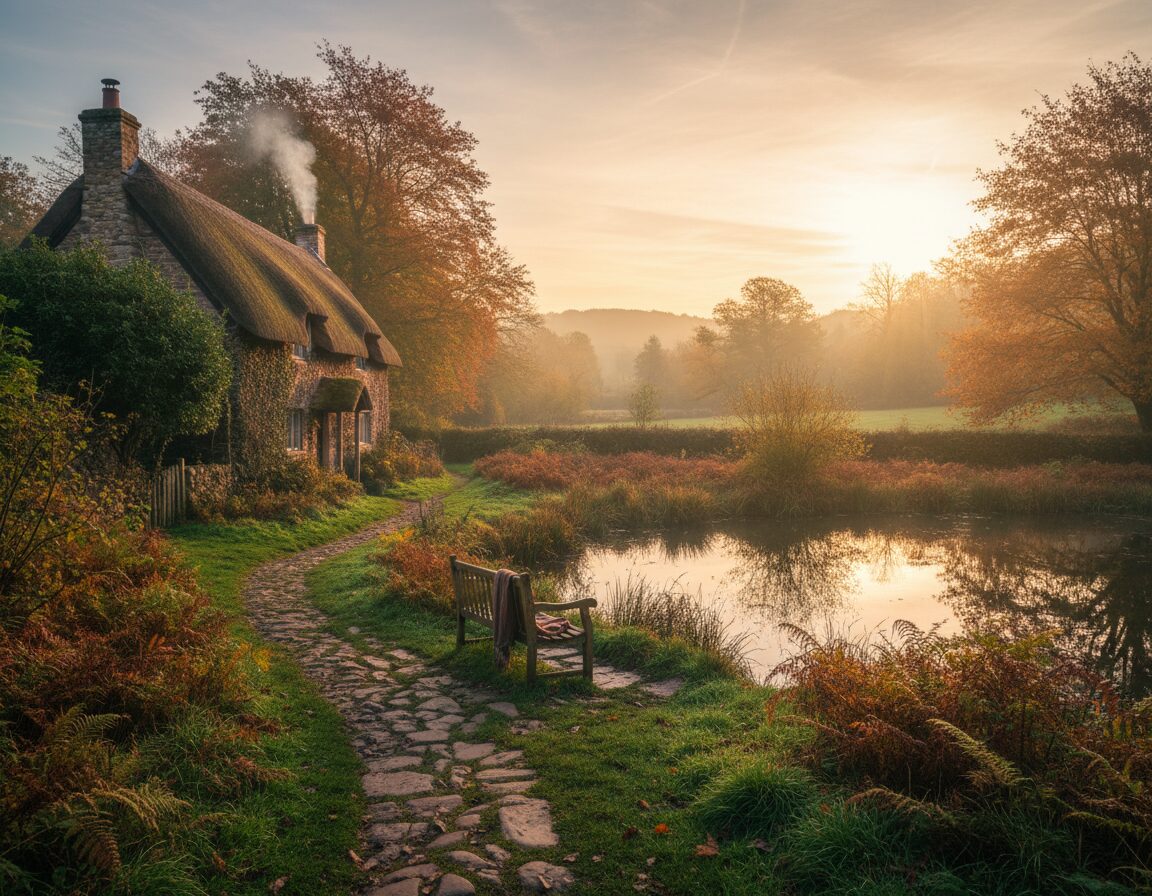A serene and cozy scene capturing the essence of local travel wisdom in the UK, showcasing a hidden corner in a quaint village. In the foreground, a weathered stone path lined with lush greenery leads to a charming, ivy-clad cottage with smoke gently wafting from the chimney. In the middle ground, a rustic wooden bench overlooks a small, tranquil pond reflecting the vibrant colors of autumn leaves. The background features rolling hills under a soft, golden sunset, casting warm light across the landscape. The atmosphere is inviting and peaceful, evoking a sense of exploration and discovery. The color palette consists of natural tones, with rich greens, earthy browns, and warm oranges, creating a realistic and candid representation of hidden gems waiting to be uncovered.
