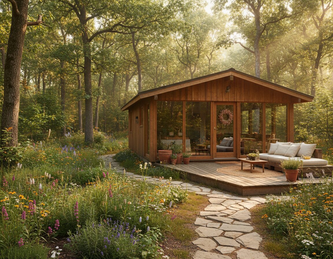 A serene eco-friendly accommodation nestled in a lush green landscape, showcasing a charming wooden cabin with large windows overlooking a tranquil forest. In the foreground, vibrant flowers and herbs grow in a small garden area, while a recycled wood patio offers a cozy seating space with natural cushions. The middle ground features a meandering pathway made of stones leading to the entrance of the cabin. In the background, tall trees with dappled sunlight peeking through the leaves create a calming atmosphere. Soft, warm lighting invokes a welcoming feel, with a focus on natural colors that enhance the rustic charm. The scene is peaceful, inviting, and emphasizes sustainability without any people present.