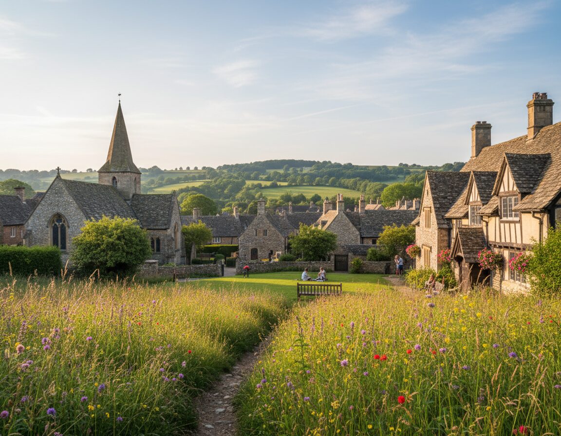 A serene outdoor view of a historic British heritage site, such as a quaint village with cobblestone streets and rustic architecture. In the foreground, vibrant greenery interspersed with wildflowers invites exploration. The middle ground features ancient stone buildings, perhaps an old church and traditional homes, with an inviting park area where visitors can relax. The background showcases a rolling countryside under a soft blue sky with wispy clouds. Warm, natural lighting enhances the cosy atmosphere, creating shadows that add depth. The scene should evoke a sense of tranquility and discovery, reflecting the charm of free cultural attractions in the UK, with realistic textures and a focus on natural colors. A serene outdoor view of a historic British heritage site, such as a quaint village with cobblestone streets and rustic architecture. In the foreground, vibrant greenery interspersed with wildflowers invites exploration. The middle ground features ancient stone buildings, perhaps an old church and traditional homes, with an inviting park area where visitors can relax. The background showcases a rolling countryside under a soft blue sky with wispy clouds. Warm, natural lighting enhances the cosy atmosphere, creating shadows that add depth. The scene should evoke a sense of tranquility and discovery, reflecting the charm of free cultural attractions in the UK, with realistic textures and a focus on natural colors.