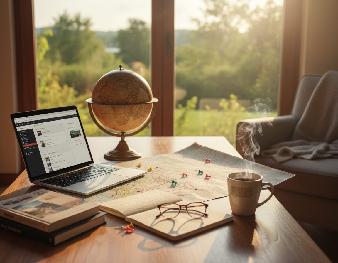 A warm, inviting scene depicting a cozy train travel planning setup. In the foreground, a polished wooden table is strewn with an assortment of travel guides, a laptop displaying train booking websites, and a steaming cup of coffee. In the middle ground, a vintage globe sits next to a map of Europe with highlighted routes, suggesting optimal travel paths. The background features a softly lit room with a window showing a sunny day outside, with lush greenery visible. Natural light floods the space, creating a tranquil atmosphere. The overall mood is relaxed and inspiring, encouraging viewers to embrace stress-free travel planning across Europe.