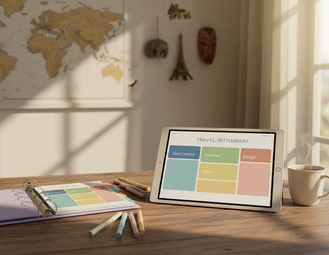 A close-up view of a customizable travel itinerary spread out on a wooden table, featuring a beautifully designed digital tablet displaying colorful sections for destinations, activities, and notes. Beside it, a printed version of the itinerary is neatly organized with a pastel-colored binder and neatly arranged pens. The background reveals a cozy, softly lit room adorned with travel-themed decorations, such as a world map and small souvenirs. Natural sunlight filters through a nearby window, casting gentle shadows, creating a warm and inviting atmosphere. The color palette is earthy and vibrant, reflecting a sense of adventure and organization for stress-free planning.