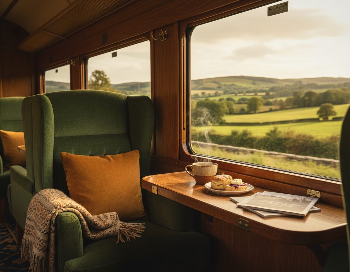 A cozy and inviting train carriage interior, showcasing plush seats and large panoramic windows revealing lush green countryside and rolling hills in the background. The warm lighting creates a relaxing atmosphere, with soft shadows and natural colors enhancing the wooden paneling and textile details. A well-organized table next to the window is adorned with a steaming cup of tea, a small pastry, and travel brochures, suggesting a leisurely journey. In the foreground, emphasize the textures of the materials, like the soft upholstery and intricate design of the tableware. The scene should evoke a sense of comfort and tranquility, encouraging viewers to imagine themselves immersed in this enhanced rail journey experience across the picturesque UK landscapes.
