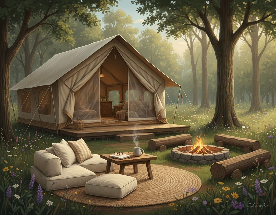 A cozy glamping site nestled in a serene forest setting, featuring a spacious, beautifully designed tent with large mesh windows allowing soft sunlight to filter in. In the foreground, a luxurious outdoor lounge area with plush cushions and a woven rug, accompanied by a small wooden coffee table adorned with a steaming cup of herbal tea. The middle ground showcases a fire pit surrounded by rustic logs, where the gentle glow of flames dances in the evening light. Lush greenery and wildflowers create a vibrant natural backdrop, with towering trees framing the scene. The atmosphere feels peaceful and inviting, perfect for relaxation and unwinding in nature's embrace, captured in soft, natural colors with a shallow depth of field to emphasize the tranquil surroundings.