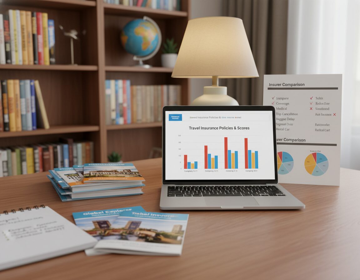 A cozy office environment featuring a wooden desk with an open laptop displaying a graph comparing travel insurance policies and scores. In the foreground, a stack of travel insurance brochures lies beside a notepad with handwritten notes. The middle ground shows a soft-lit lamp casting a warm glow, illuminating detailed charts and bullet points about various insurers. In the background, a bookshelf filled with travel guides and a globe add a touch of wanderlust. The scene is captured in a slightly angled perspective, creating a depth of field effect. The mood is realistic and candid, inviting the viewer to engage with the information in a relaxed setting. Natural colors dominate, with soft lighting enhancing the professional ambiance. No people present.