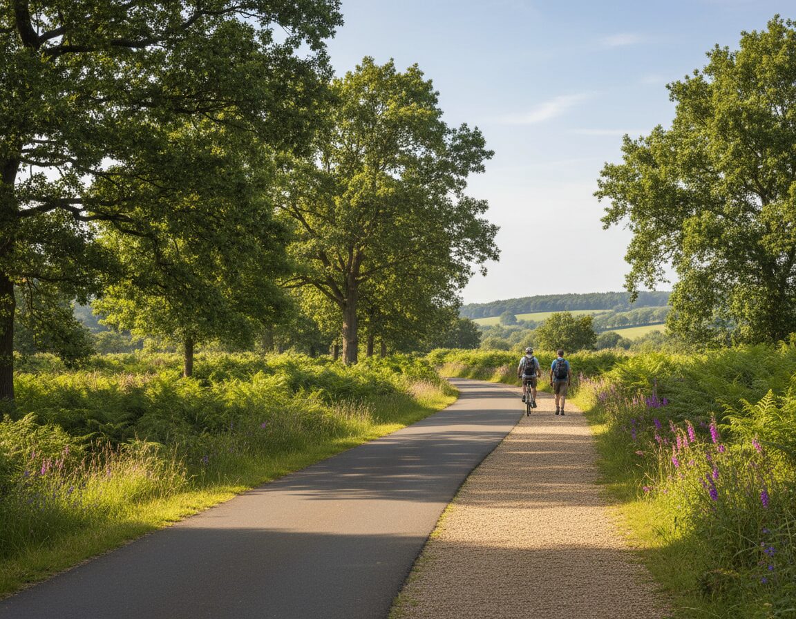 A scenic view of a picturesque cycling and walking route in the UK, showcasing a winding path surrounded by lush greenery and vibrant wildflowers. In the foreground, a well-maintained bike trail leads into the distance, while a parallel walking path meanders through a tranquil nature setting. The middle of the image features tall trees providing gentle shade and dappled sunlight filtering through the leaves, creating a warm and inviting atmosphere. In the background, rolling hills stretch under a clear blue sky, enhancing the sense of openness. The scene captures the essence of eco-friendly transportation amidst nature, evoking a feeling of peace and serenity. Use natural colors with soft lighting for a cozy, realistic feel.