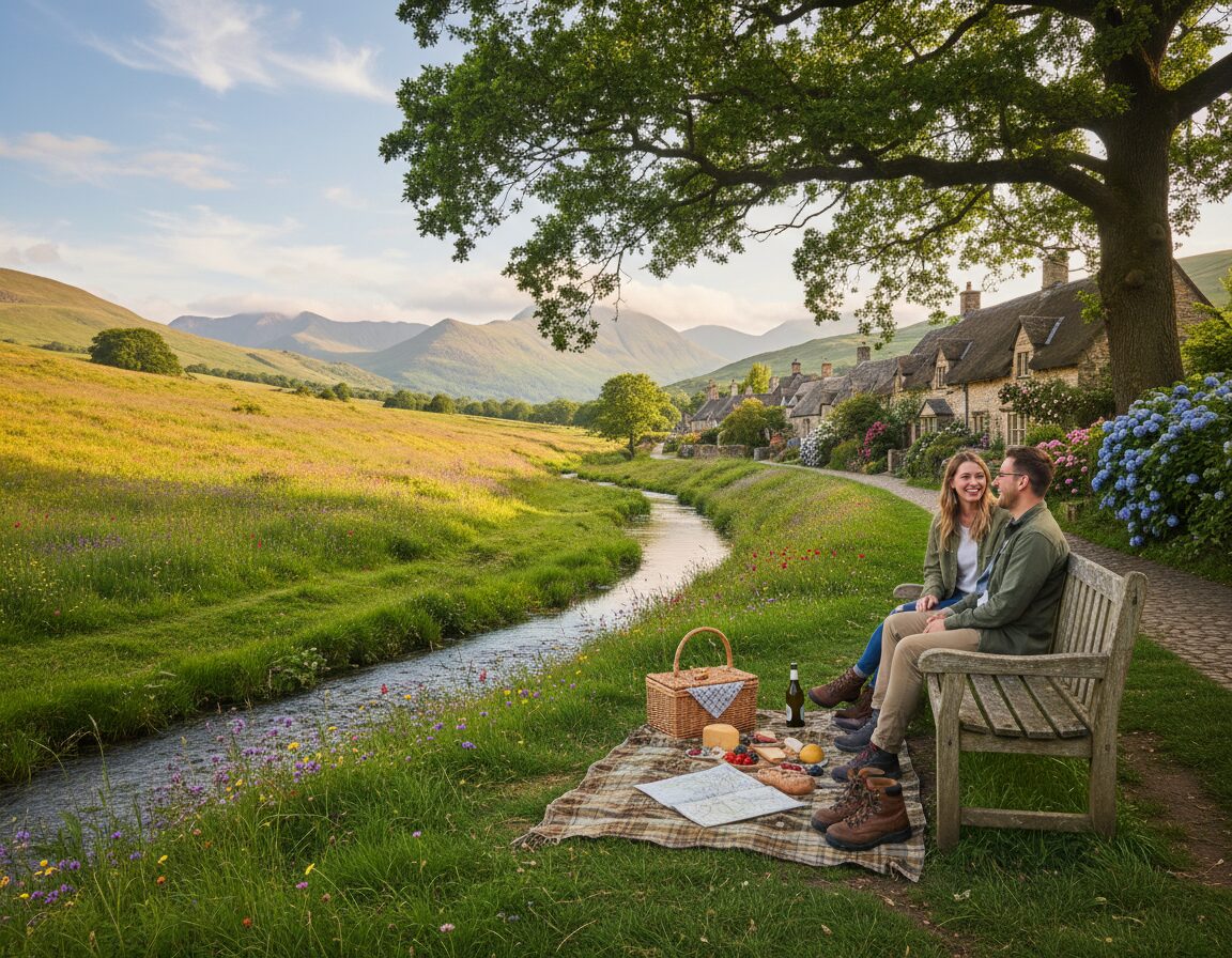A serene landscape in the UK, showcasing rolling green hills dotted with wildflowers and a meandering stream reflecting the clear blue sky. In the foreground, a rustic wooden bench under a leafy tree invites spontaneous moments of rest and contemplation. Nearby, a picnic blanket is spread out with local treats and a weathered map, symbolizing the embrace of local insights. As we move to the middle ground, discover a hidden path leading into a quaint village, with charming stone cottages and vibrant gardens. The background reveals majestic mountains meeting soft clouds, bathed in golden hour lighting that creates a warm, inviting atmosphere. This cozy, candid scene captures the essence of unplanned adventures in nature, highlighting the beauty of exploration and discovery. A serene landscape in the UK, showcasing rolling green hills dotted with wildflowers and a meandering stream reflecting the clear blue sky. In the foreground, a rustic wooden bench under a leafy tree invites spontaneous moments of rest and contemplation. Nearby, a picnic blanket is spread out with local treats and a weathered map, symbolizing the embrace of local insights. As we move to the middle ground, discover a hidden path leading into a quaint village, with charming stone cottages and vibrant gardens. The background reveals majestic mountains meeting soft clouds, bathed in golden hour lighting that creates a warm, inviting atmosphere. This cozy, candid scene captures the essence of unplanned adventures in nature, highlighting the beauty of exploration and discovery.
